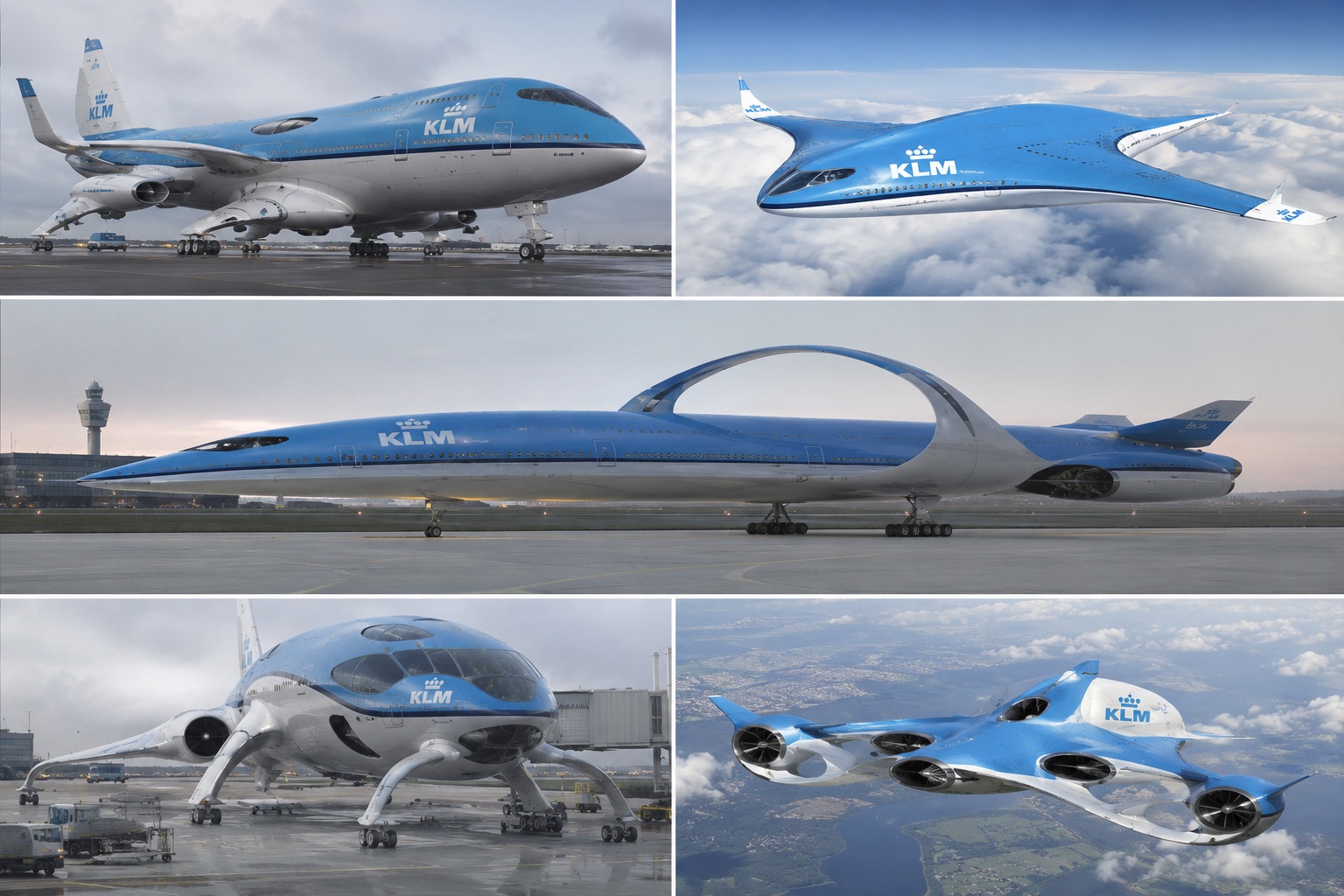 Four futuristic KLM concept aircraft in blue-and-white livery